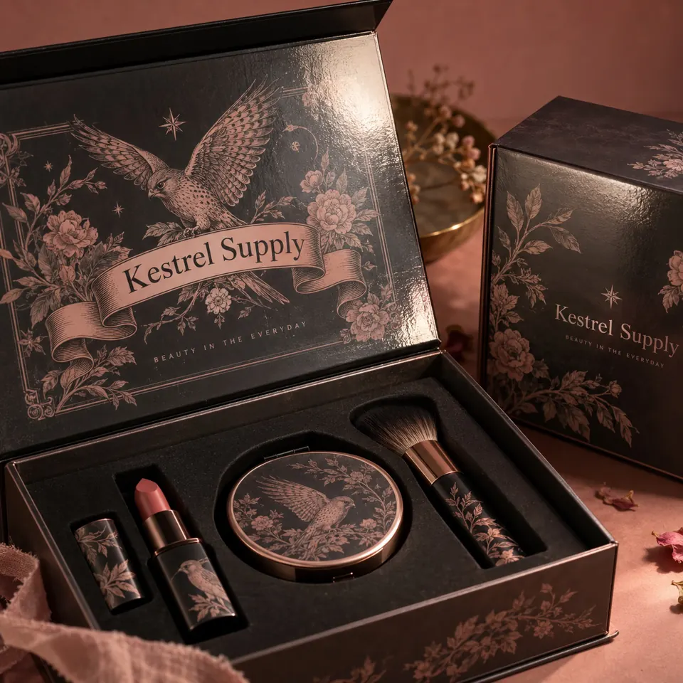 Custom printed makeup gift box with lipsticks and a compact